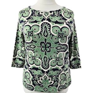 Talbots Navy Blue Green Abstract Boho Retro Look Tee Stretchy Maximalist